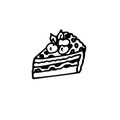 Hand drawn piece of cake with cream and berry . Doodle illustration. Royalty Free Stock Photo